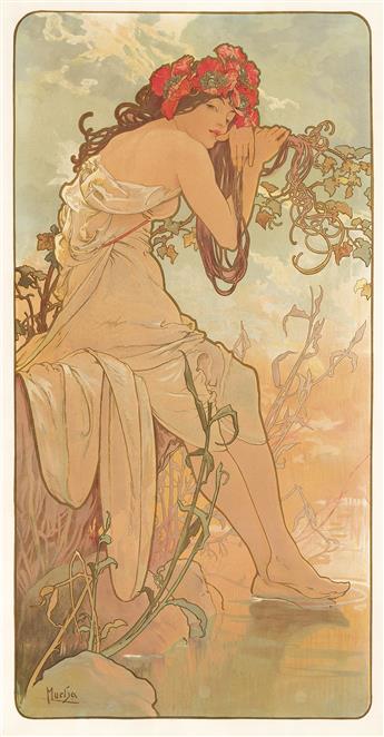 ALPHONSE MUCHA (1860-1939).  [THE SEASONS]. Group of 4 decorative panels. 1896. Each approximately 41x21½ inches, 104x51½ cm. [F. Champ